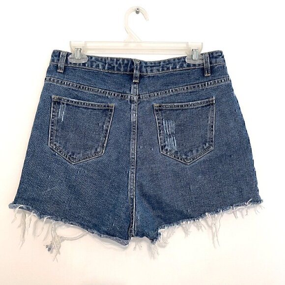 PRETTYLITTLETHING Dark Blue Wash Distressed Denim Mom Shorts Ripped High Waisted - Picture 12 of 15